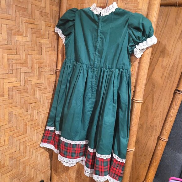 Vintage 80s vtg HANDMADE Little Girls Christmas Dress Bow Tartan Green Red sz 7 - Picture 6 of 13